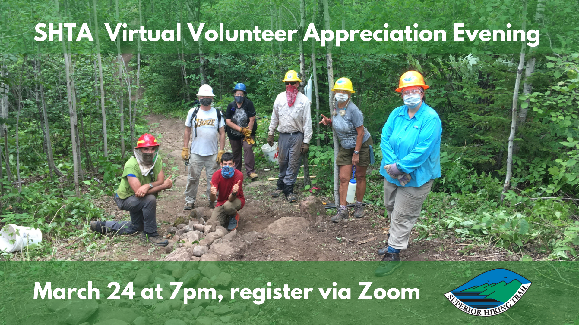 A photo of volunteers on the Trail. Text reads "SHTA Volunteer Appreciation Evening, March 24, 7pm, register via Zoom.