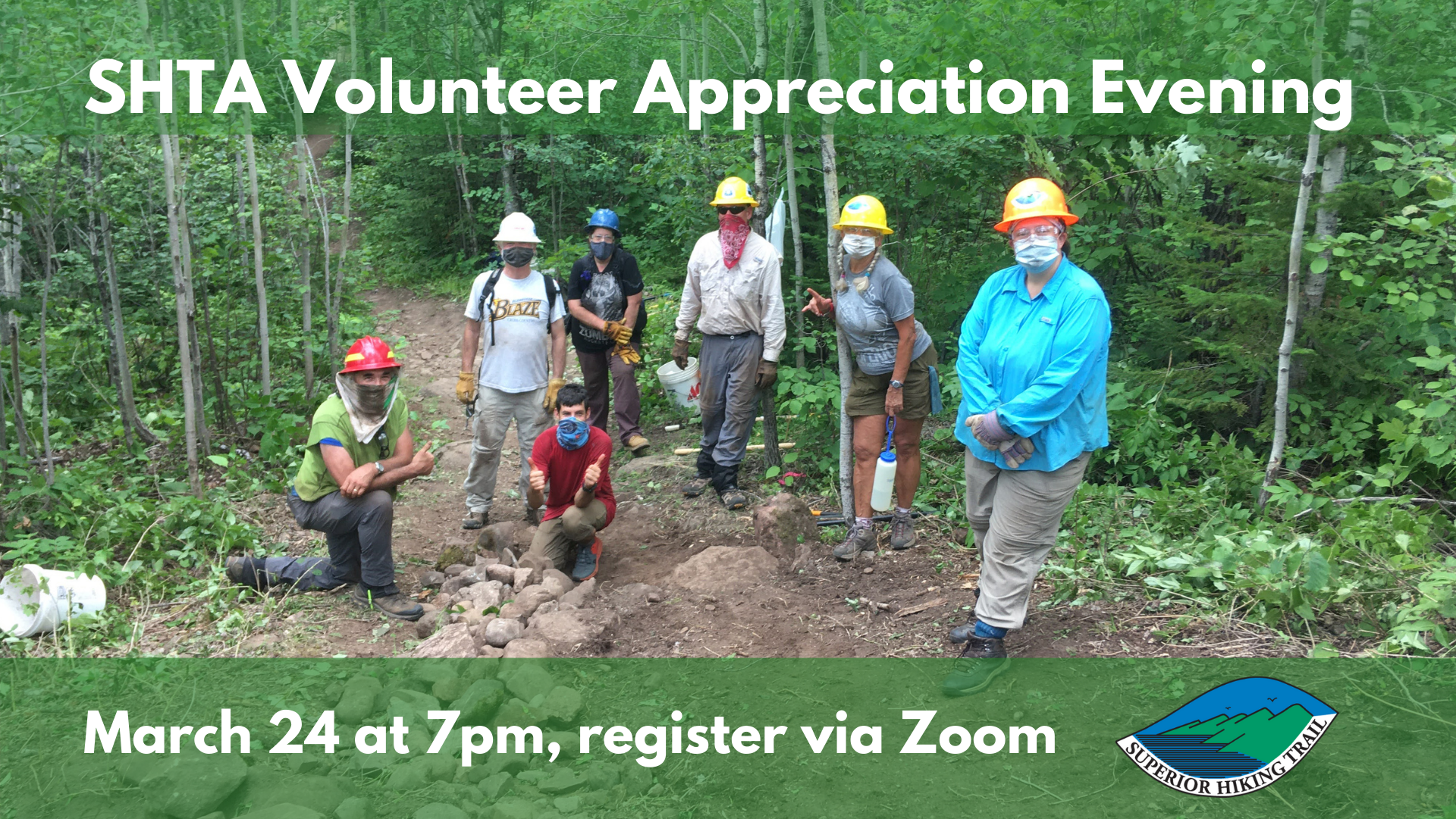 A photo of volunteers on the Trail. Text reads "SHTA Volunteer Appreciation Evening, March 24, 7pm, register via Zoom.